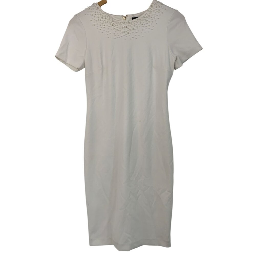 Size 0 Karl Lagerfeld Paris White Pearl Short Sleeve Sheath Dress NWOT Stretch